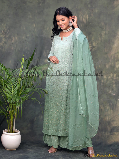 Ombre Green Ruhani Viscose Chikankari Kurta Set