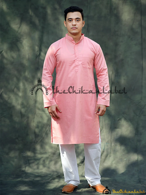 Pink Cotton Mens Kurta Lucknawi Chikankari Handmade