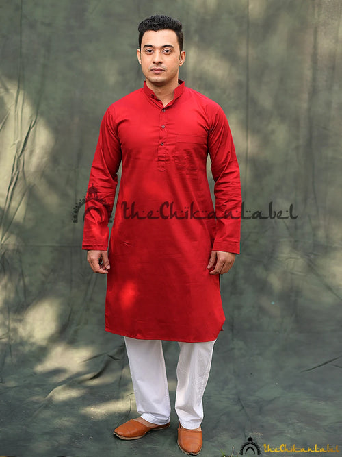 Red Cotton Mens Kurta Lucknawi Chikankari Handmade