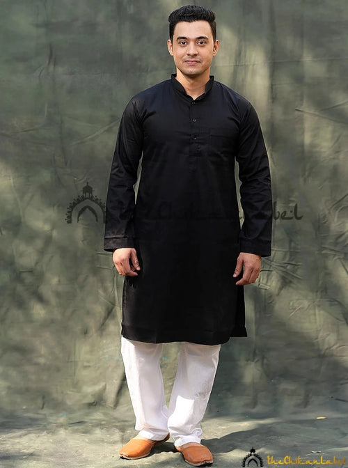 Black Cotton Mens Kurta Lucknawi Chikankari Handmade