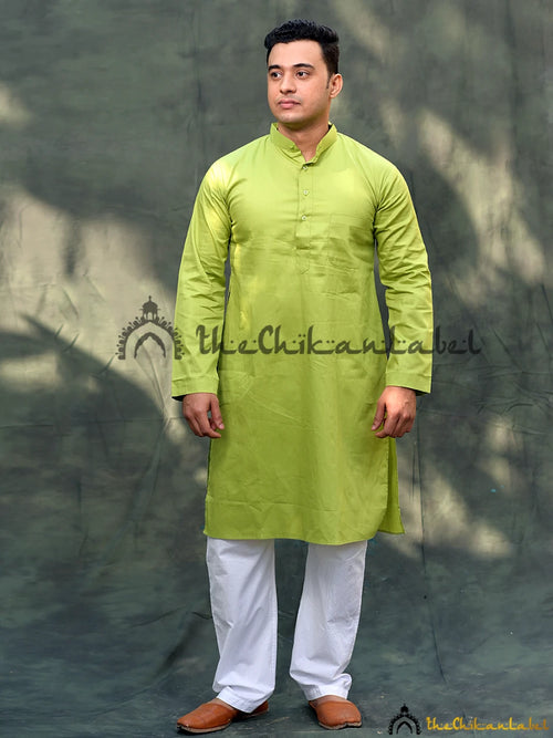 Pista Green Cotton Mens Kurta Lucknawi Chikankari Handmade