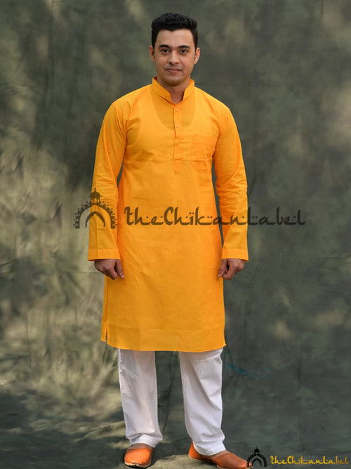 Yellow Cotton Mens Kurta Lucknawi Chikankari Handmade