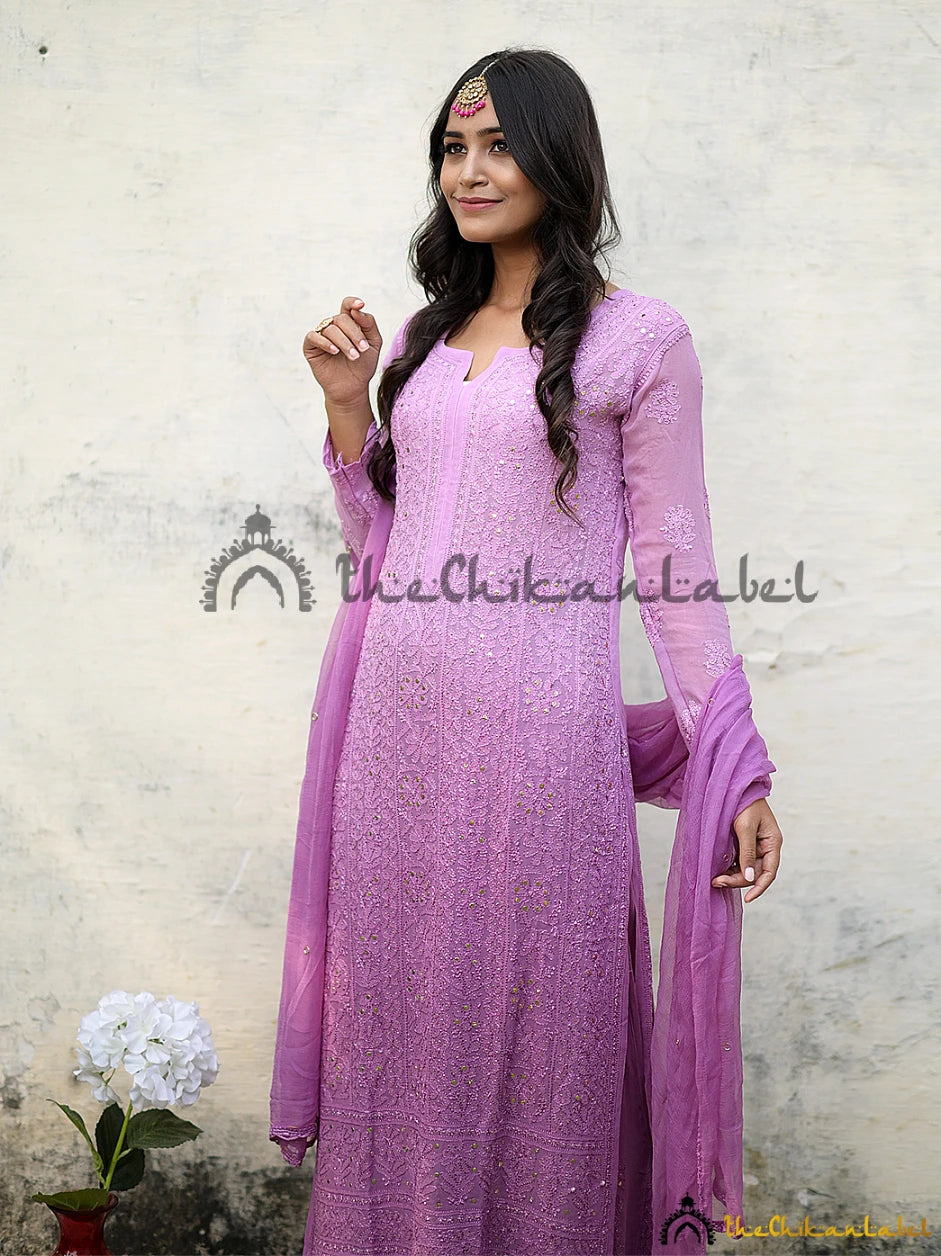 Buy Purple  White Gala Daman Lucknowi Chikankari Casual Georgette Kurti  Online at Kiko Clothing