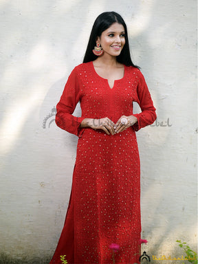 Designer Red Rayon Kurti With Embroidery And Yellow Beads 47 OFF