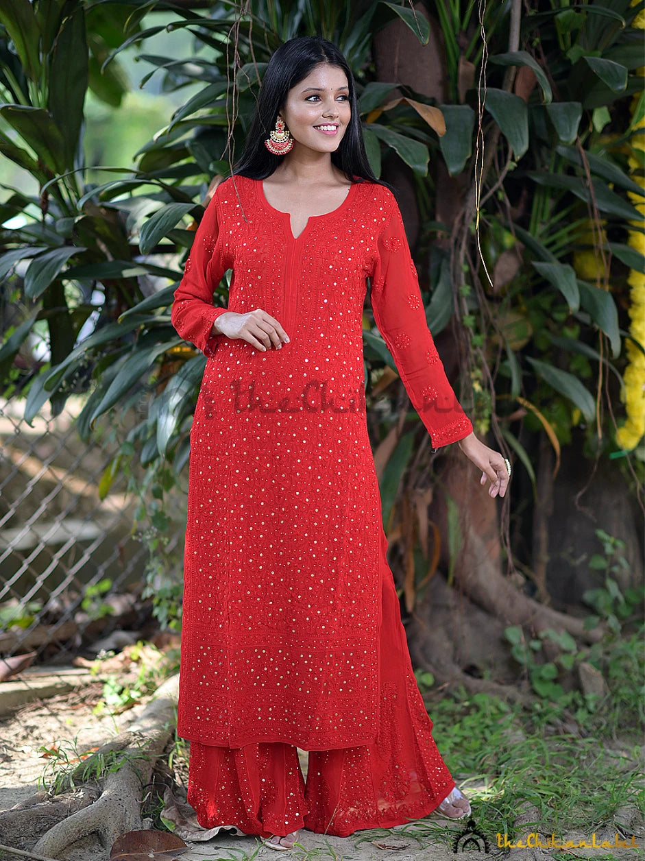 ADA Red & White Floral Embroidered Chikankari Kurti - Absolutely Desi