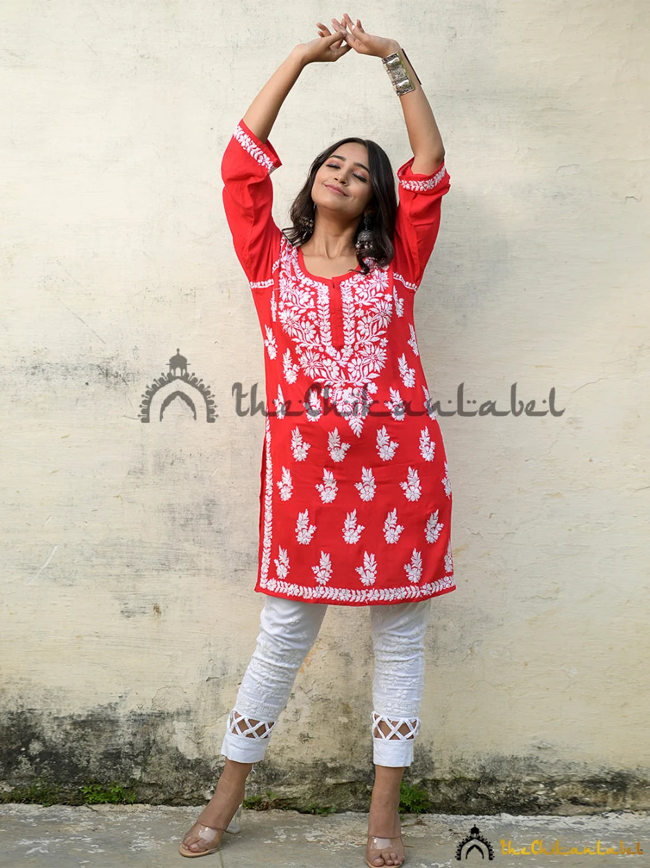 Chikankari short kurti, Chikankari short top in modal fabric for women online, Modal Chikankari Short Tunic Top